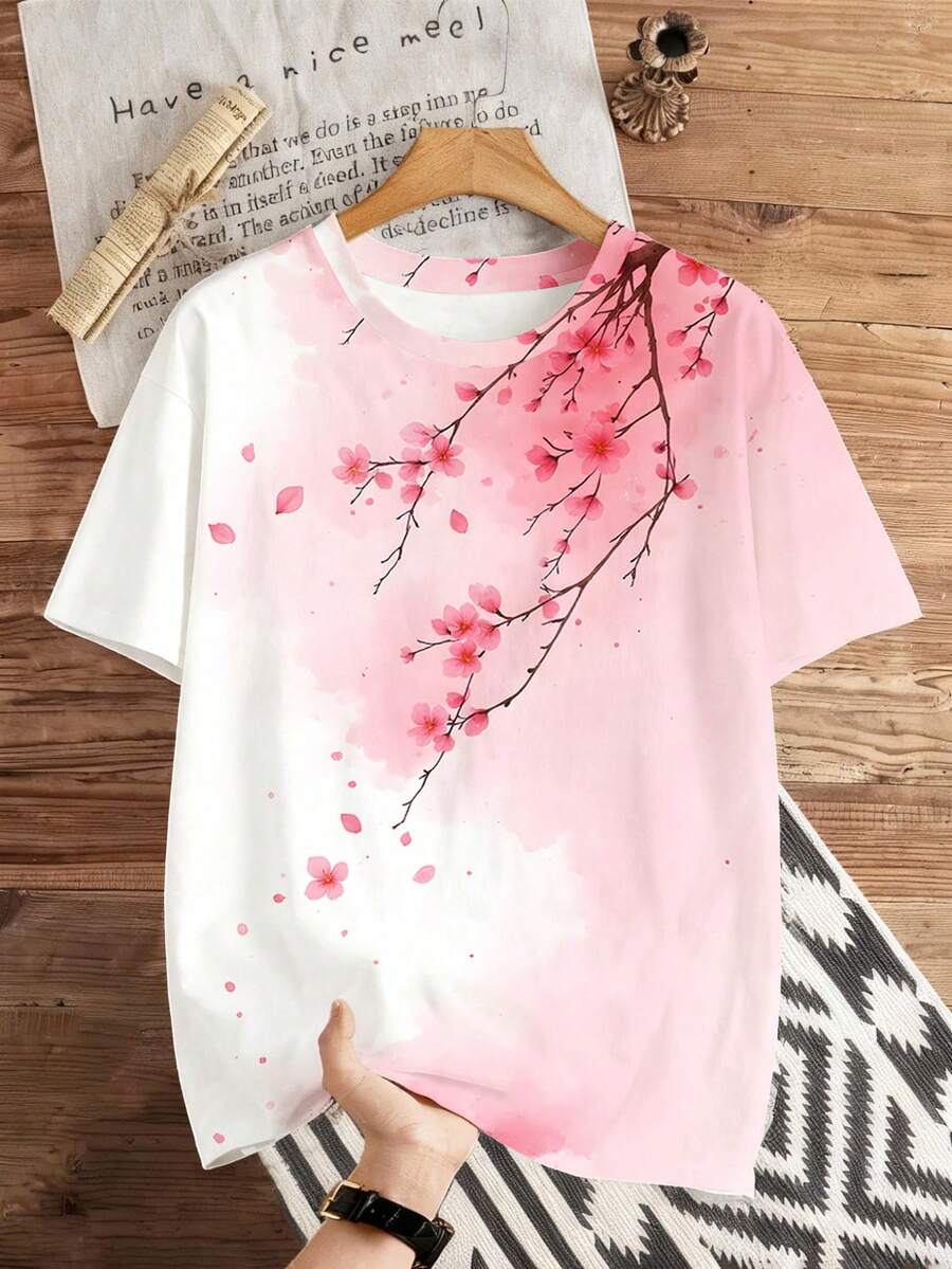 Manfinity Joysei 男士圆领短袖休闲时尚樱花T恤，夏季 - 粉色 - 查看 1