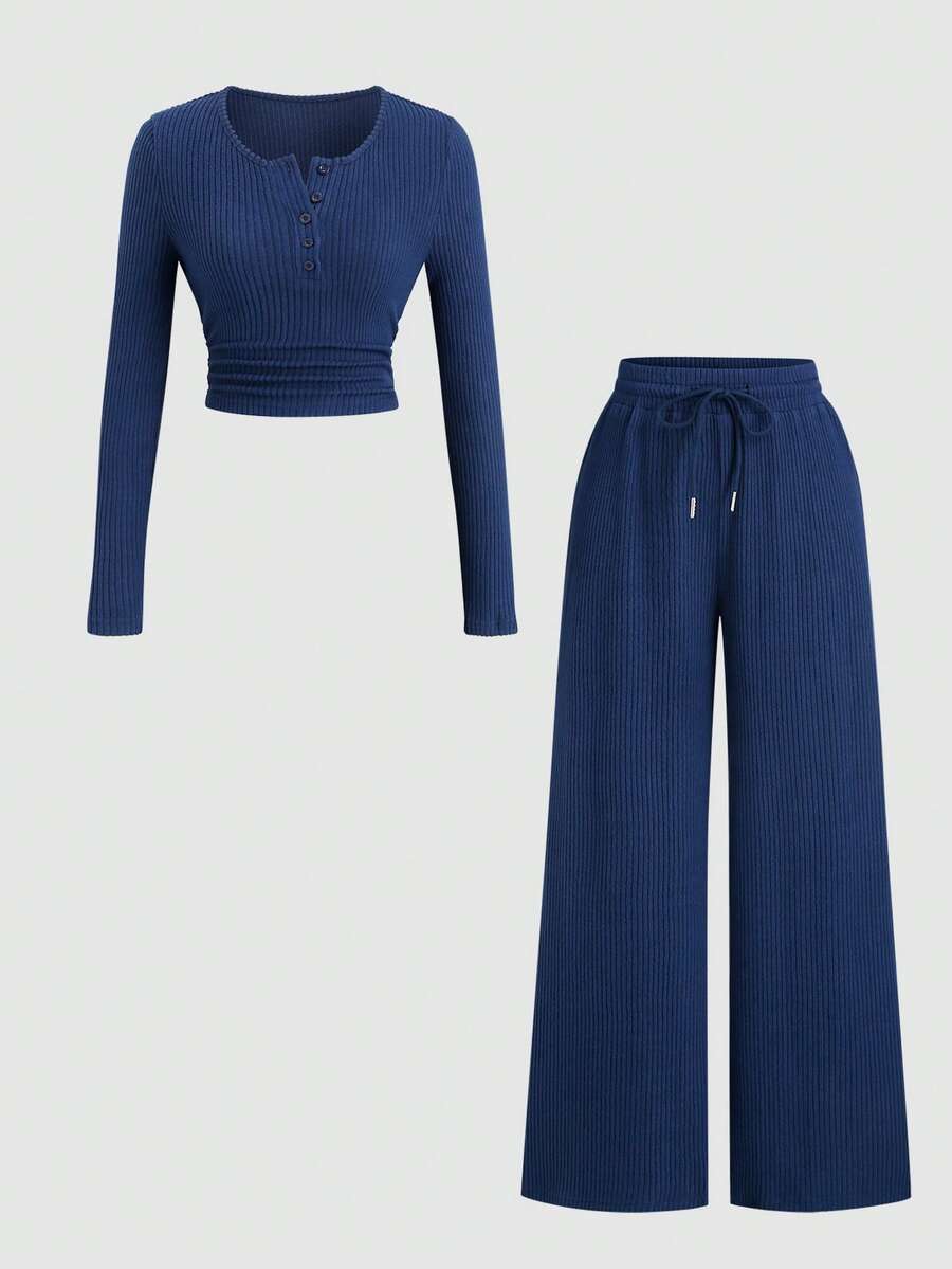 Sweetra Women Navy Blue 2-Piece Set,Fall Winter Casual Lounge Plush Ribbed Fabric,Open Front Design,Waist Ruched Adjustable Drawstring Textured Set - Navy Blue - View 1