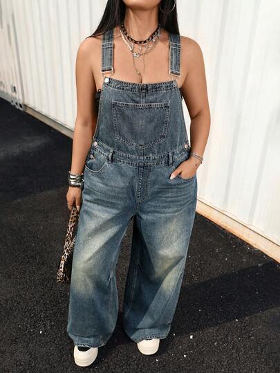 Jeanoix Plus Size Y2K Fashion Casual Retro Nostalgic Wide Leg Flare Jeans Jumpsuit