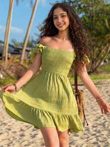 SHEIN Teen Girl'S Off Shoulder Ruffle Hem Dress Beach Dresses - Lime Green - View 3