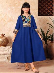 SHEIN Đầm dáng rộng thoải mái, phối màu trơn, đính cườm, dành cho bé gái tuổi teen. - Màu xanh lam - Xem 5