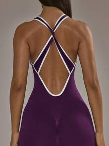 Musera Sport Contrast Trim Plunge Fitted Jumpsuit Padel Winter Activewear Sport Gym Workout Summer - Purple - View 2
