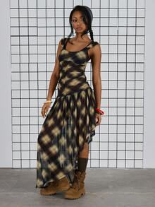 COUREZ Midi Check Gathered Mesh Dress /Y2K Spring Clothes For Women - Multicolor - View 1