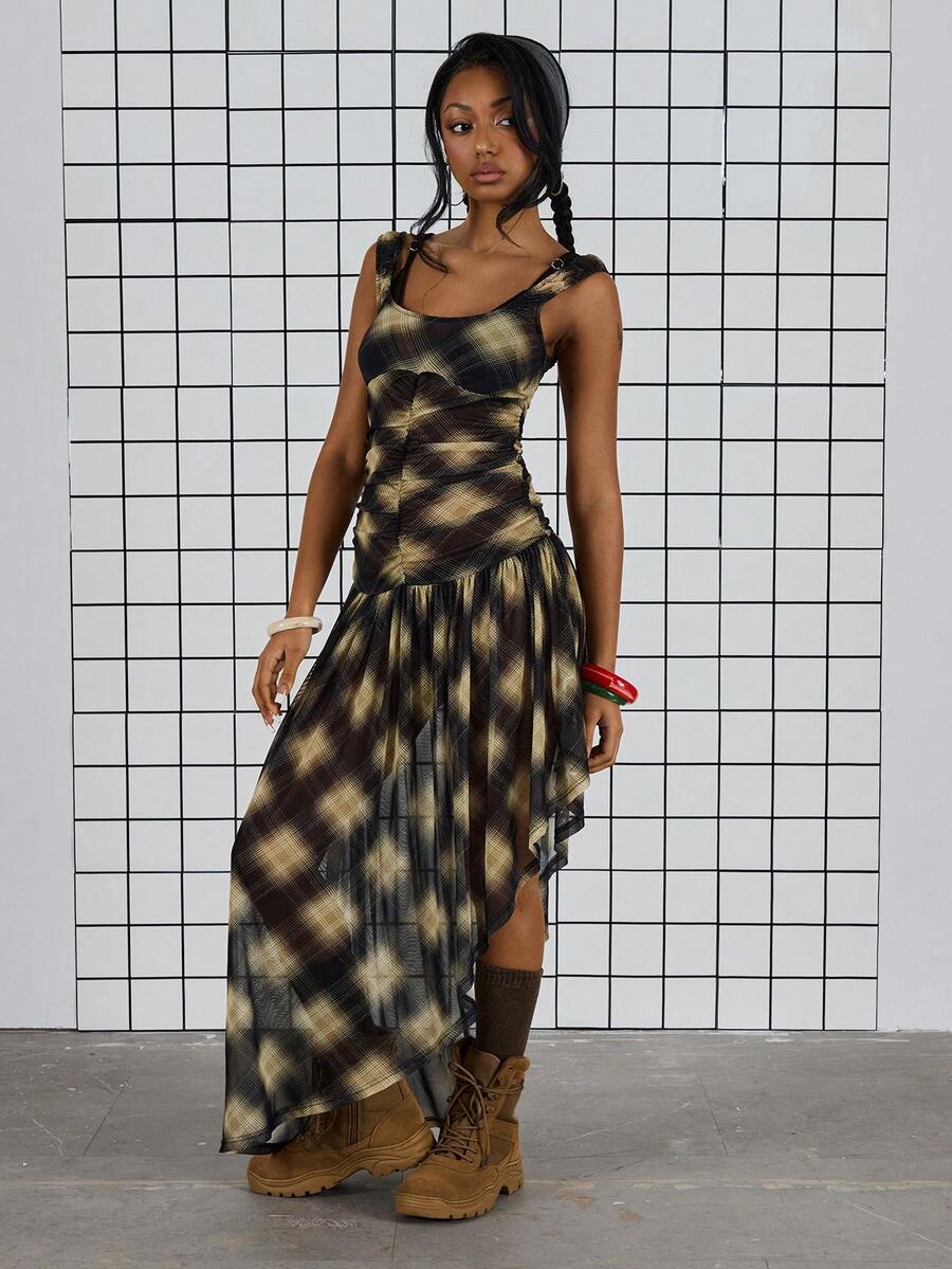 COUREZ Midi Check Gathered Mesh Dress /Y2K Spring Clothes For Women - Multicolor - View 1