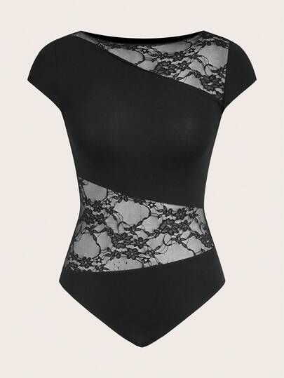SHEIN PETITE Women's Contrast Lace Bodysuit With Capped Sleeves, Slim Fit & Sexy Black Lace Bodysuit