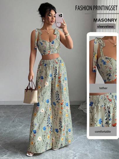 Elenzga 2件套 女士标准尺码吊带露背镂空设计+高腰阔腿直筒裤