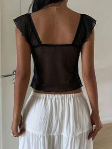 SHEIN EZwear Women's Summer Ruched Bust Mesh Ruffle Sleeve T-Shirt - Black - View 2