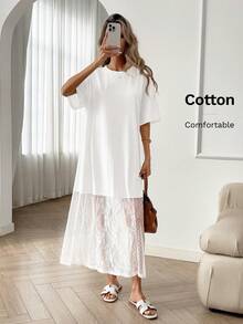 Easowa 纯棉纯色圆领短袖宽松休闲蕾丝连衣裙，适合外出、通勤、机场穿搭、复古风、优雅连衣裙、教师装、春夏长款连衣裙、春假穿搭、情人节连衣裙、沙滩连衣裙、休闲连衣裙、生日连衣裙、度假穿搭、白色连衣裙。白色A字蕾丝拼接圆领短袖长款连衣裙，适合春假穿搭、情人节连衣裙、沙滩连衣裙、婚礼宾客连衣裙、生日连衣裙、度假穿搭、休闲连衣裙、白色连衣裙。 - 白色 - 查看 6