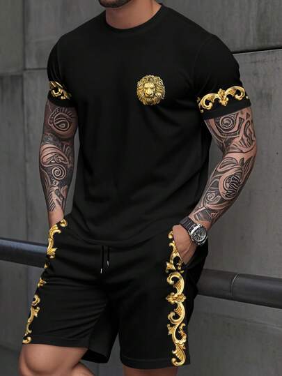 Manfinity LEGND Conjunto de camiseta de manga corta de cuello redondo y pantalones cortos con estampado de león para hombre, casual de verano