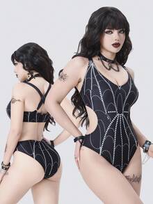 ROMWE Goth 2026春夏哥特吸血鬼角色扮演服装，女士连体泳衣，优雅浪漫哥特渐变扎染蜘蛛网印花，可调节交叉宽肩带，多色可选，黑色、白色，修身连体泳衣，2026春夏女装新款，适合新年、情人节、返校季、旅行季、户外活动、海滩、下午茶、派对、日常穿着、休闲、户外运动等场合，时尚百搭。 - 黑色 - 查看 12