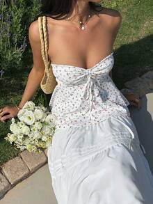 SHEIN EZwear 女士白色碎花抽绳吊带背心 - 白色 - 查看 9