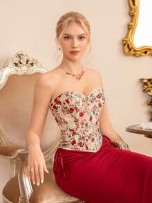 Floral Print Lace Up Back Tube Shapewear Top - Multicolor - View 3