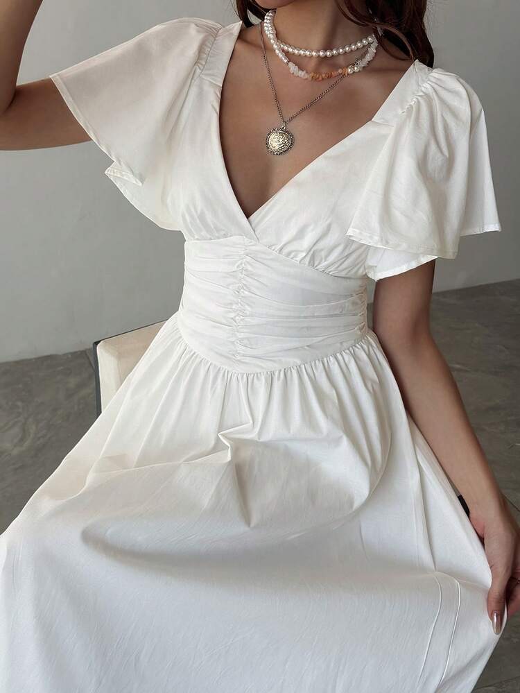 Women's Solid Color Deep V-Neck Ruched Elegant Long Sleeve Dress Maxi Dress Sundress