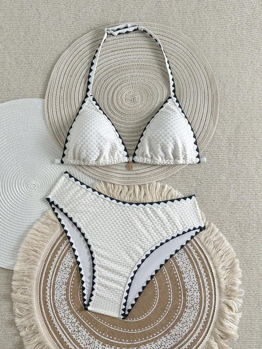 SHEIN Teen Girl Apricot Jacquard Halter Bikini Set - Apricot - View 1