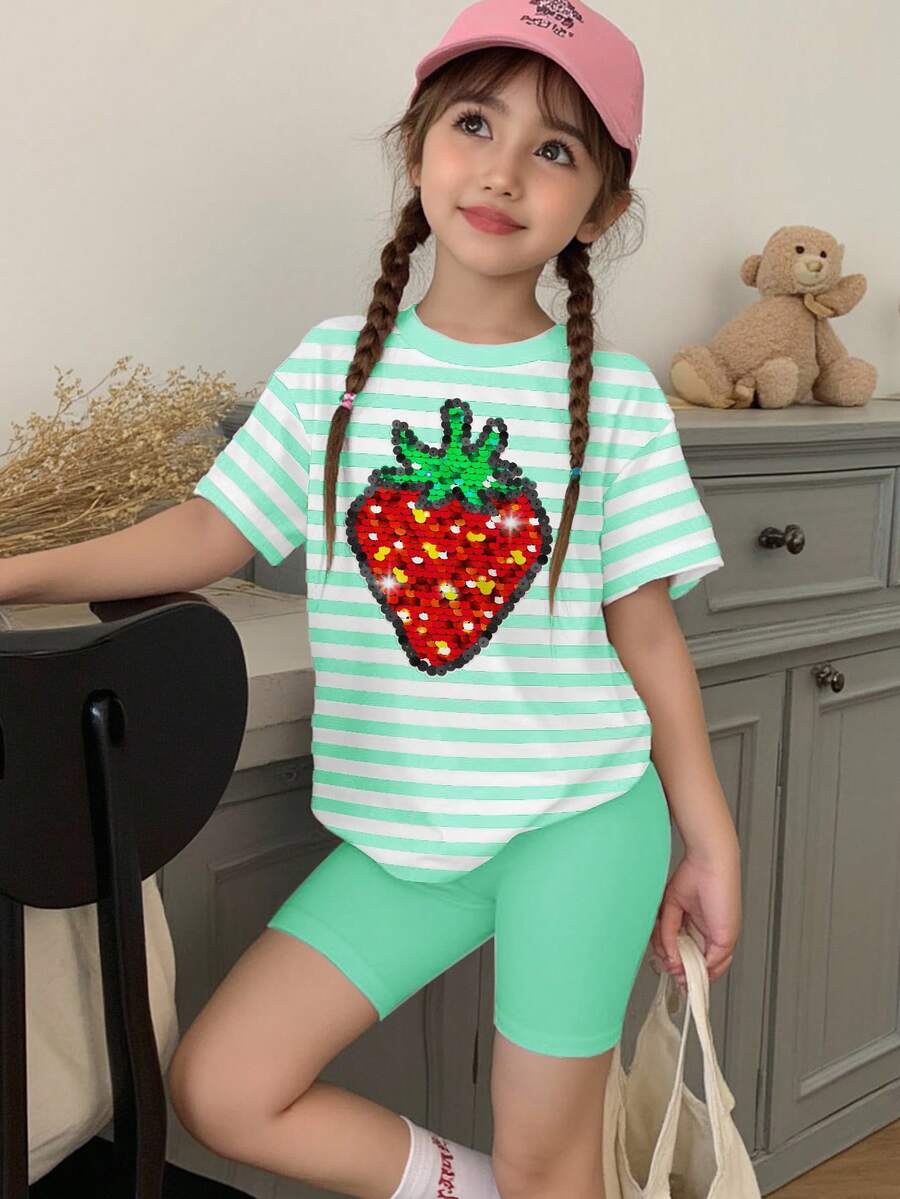 Bộ 2 món cho bé gái, kiểu dáng retro, kẻ sọc và in hình dâu tây, áo ngắn tay và quần short, thích hợp cho mùa hè. - Nhiều màu - Xem 1