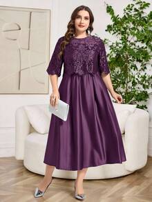 Reflora Plus Size Women Crew Neck Short Sleeve Jacquard Elegant Dress - Purple - View 6