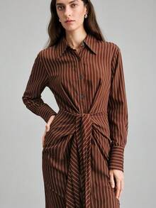 Ontre 2026SS New Spring/Summer Women Striped Waist-Cinched Mid-Length Dress, Business Casual Commuter Wear - Dark Brown - View 6