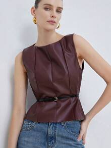 Aveloria Modichic 极简露肩无袖上衣，棕红色PU面料拼接，腰部配有可调节腰带，休闲和工作场合皆宜。 - 酒紅色 - 查看 5