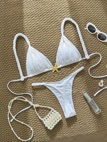 Swim Vcay Conjunto de bikini de baño sexy con decoración de estrella de mar de metal de unicolor para mujer - Blanco - Ver 11