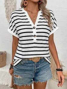 EMERY ROSE Summer Casual Striped Notched Neck Short Sleeve T-Shirt - Multicolor - View 5