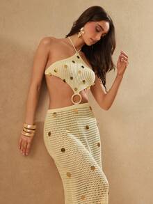 Silquee 不对称设计，小众风格，露背亮片，海滩度假风，长款镂空，显瘦，收腰，性感时尚连衣裙，适合节日、度假等场合。 - 黃色 - 查看 7