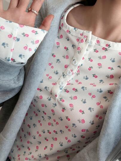 Livesso Loose Casual Ditsy Floral Long Sleeve T-Shirt For Women, Suitable For Spring, Summer, Vacation, Beach, Valentine's Day