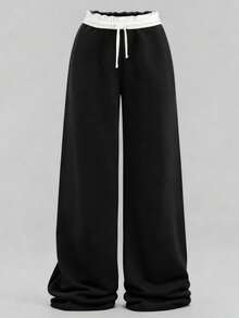 SHEIN 少女休闲宽松运动裤，低腰弹力腰带，阔腿设计，撞色拼接，适合春、夏、秋、冬四季及开学季穿着