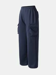 SHEIN Tween Girls' Casual Knitted Patch Pocket Overalls Style Sweatpants, Autumn/Winter - Navy Blue - View 8