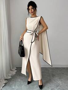 Elenzga Đầm ôm sát không tay, vạt bất đối xứng, thắt eo, phối màu tương phản, thiết kế tinh tế phù hợp cho công sở và phong cách cổ điển thời thượng, thích hợp cho mùa xuân/hè. - Màu be - Xem 4