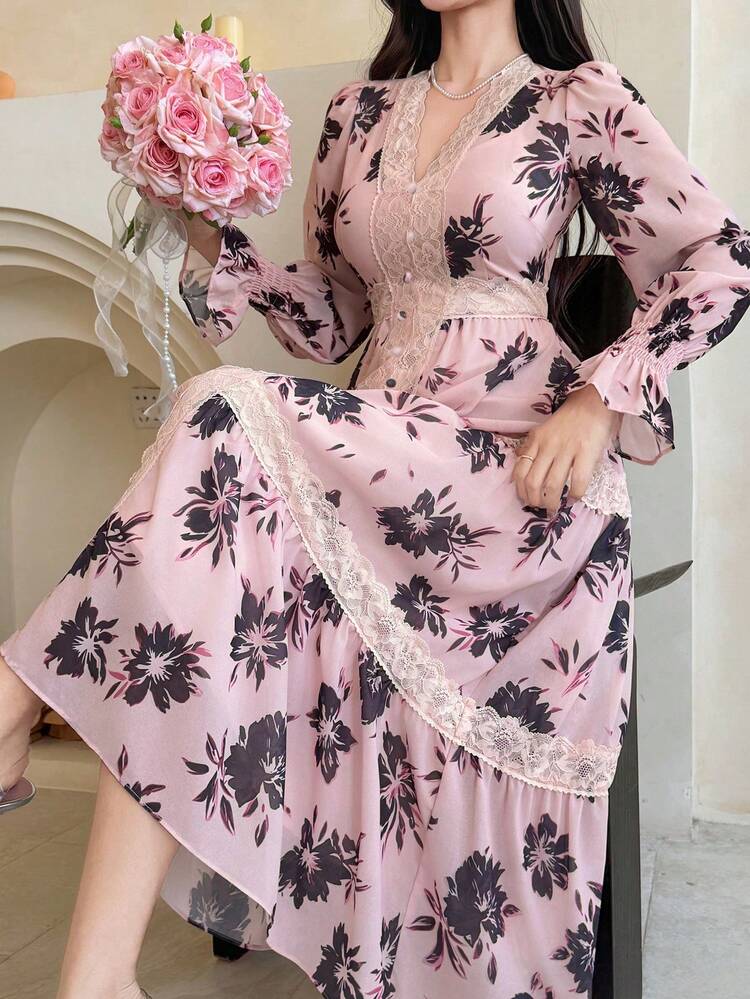 Elegant French Floral Print Long Dress For Women Sundress Boho