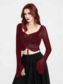 Breakform 女士哥特风性感酒红色网纱半透明荷叶边领拼接喇叭袖纽扣开衫短款上衣 - 酒紅色 - 查看 1