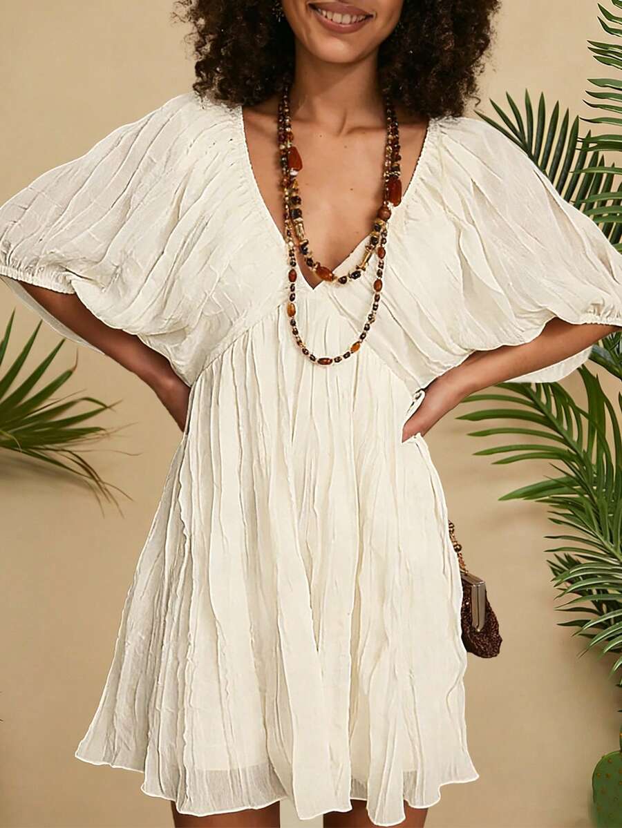 SoleilVie 女士V领褶皱纯色蝙蝠袖休闲连衣裙 - 杏色 - 查看 1