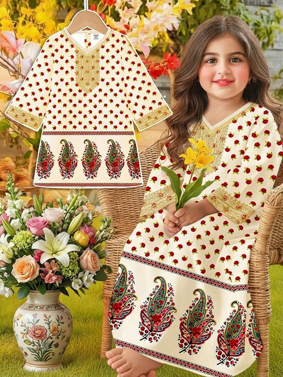 SHEIN Vintage Classic Floral Retro Print Dress, Elegant Floral Retro Print Pattern, Cute Muslim Girl T-Shirt, Muslim Tee, Islamic Gift, Young Girls Casual Minimalist Dress Suitable For Spring/Summer, Prayer Abaya, Easy Comfort, Casual Wear, Vacay Vibes, Modest Kaftan, Jalabiya