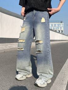 SHEIN Thời trang thiếu niên nam, phong cách Y2K cổ điển, cá tính, đường phố, thiết kế rách rưới, ống quần suông màu xanh dương vintage, quần áo trẻ em, trang phục hàng ngày cho thiếu niên nam và trẻ em, trang phục dự tiệc mùa xuân đến hè, trang phục đường phố. - Màu xanh lam - Xem 4