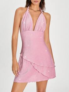 SHEIN EZwear Vestido halter espalda descubierta con hilos metálicos brillantes y efecto sexy - Rosa - Ver 5
