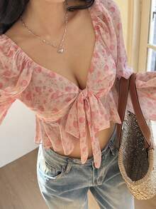 DAZY 女士印花系带灯笼袖短款时尚衬衫 - 粉色 - 查看 1