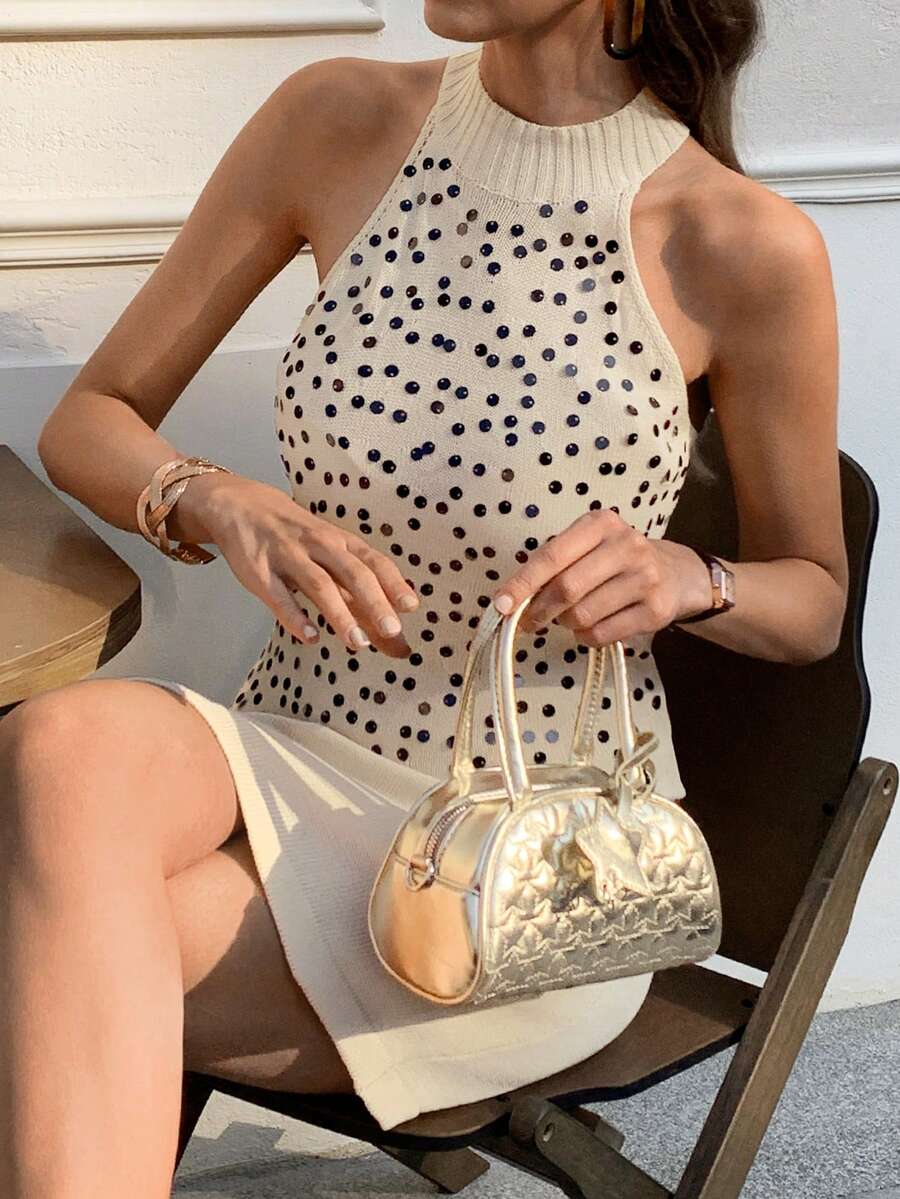 Elyressa 女士亮片拼接露背紧身毛衣连衣裙，时尚派对装 - 杏色 - 查看 1