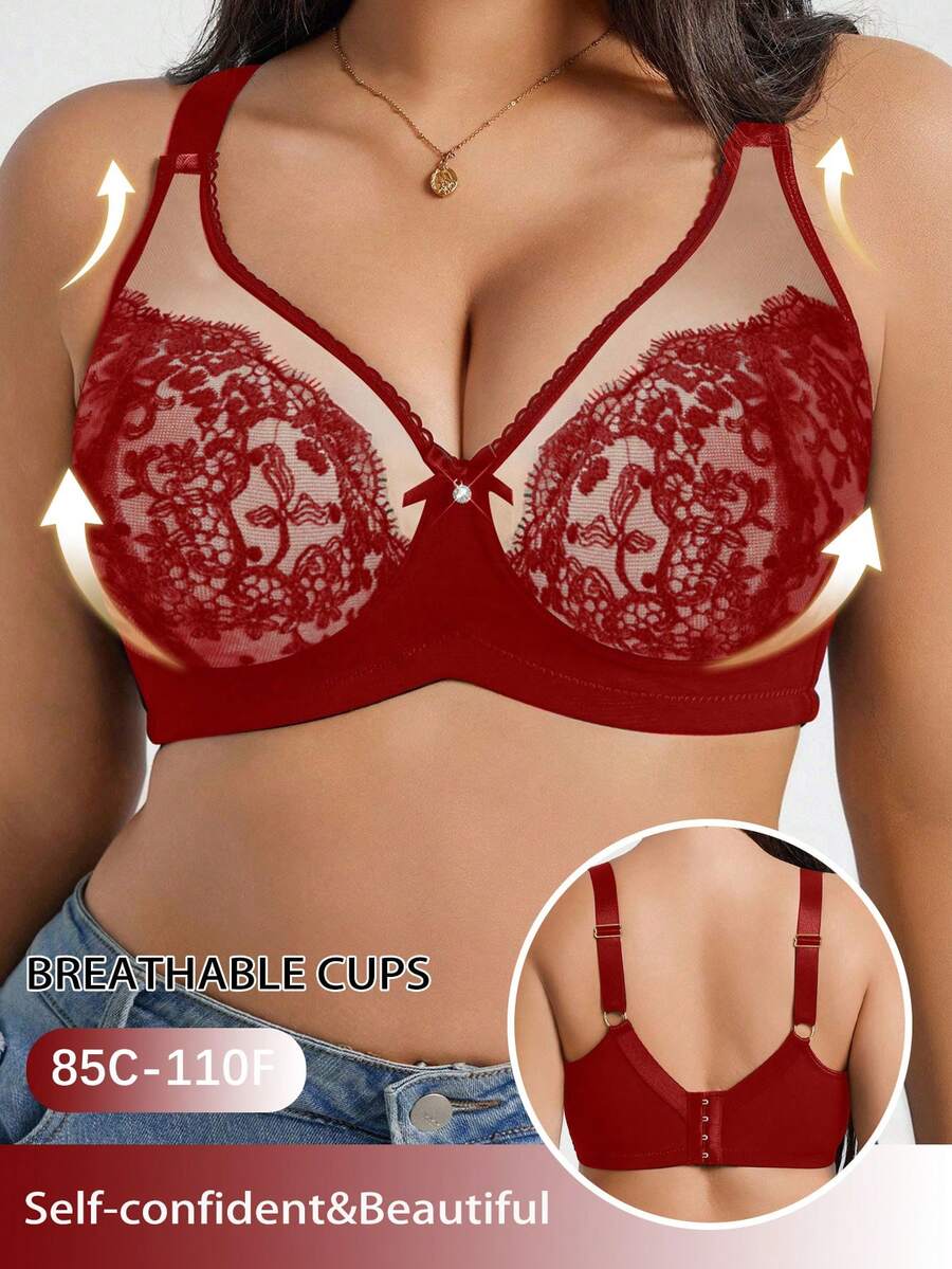 DesireSculpt 1 pieza Sujetador inalámbrico de encaje y parches para tallas grandes - Rojo - Ver 1