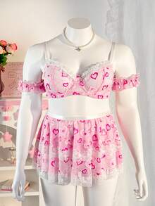 PetitDoll 5pcs Plus Size Sexy Lingerie Set Includes Lace Trim Cake Skirt, Underwire Bra, Multicolor - Pink - View 3