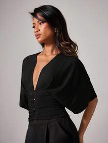 COSMINA Women's Elegant Batwing Sleeve Ruched Metal Button V-Neck Blouse - Black - View 4