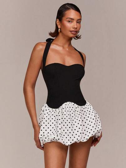 COSMINA Vestido mini elegante de cuello halter a contraste con lunares, vestido mini de moda casual diaria de estilo Y2K de alta calle