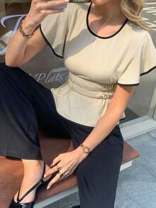 Elyressa Ladies Weave Plain Casual Summer Shirts - Apricot - View 4