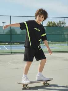 Fantacosmos 男童印花T恤裤套装（2件套），时尚欧美街头风，春夏款 - 黑色 - 查看 2