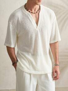 Manfinity Dauomo Men's Casual Solid Color Button Design Loose Fit Short Sleeve T-Shirt - White - View 1