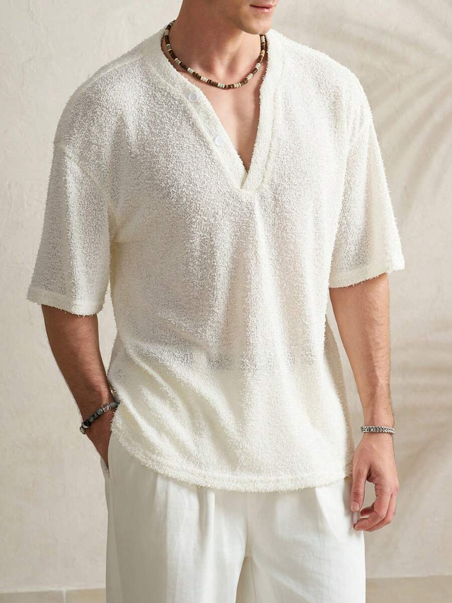 Manfinity Dauomo Men's Casual Solid Color Button Design Loose Fit Short Sleeve T-Shirt - White - View 1