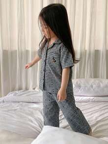 DAZY 2件套女童格子短袖上衣和裤子家居服套装，秋季 - 藏蓝色 - 查看 1