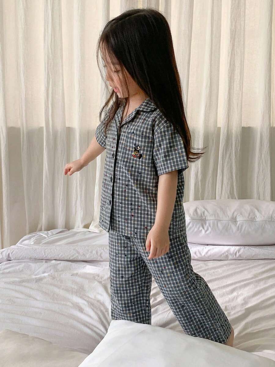 DAZY 2件套女童格子短袖上衣和裤子家居服套装，秋季 - 藏蓝色 - 查看 1