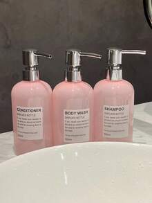 Three Pieces Semi Transparent Jade Pink 500ml/16oz Reusable Plastic Bottle With Waterproof Label, Suitable For Shampoo, Conditioner, Shower Gel, Shower Gel - Home, Hotel, Salon Use - Japanese And Korean Style - Jade Pink - View 3