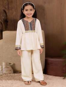 SHEIN Set di camicia a maniche lunghe e pantaloni a gamba dritta per ragazze, abbigliamento tradizionale del Medio Oriente, adatto per festival e occasioni - Cachi - Visualizzare 3