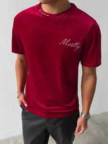 Manfinity Homme Men's Letter Embroidered Casual Round Neck Short Sleeve T-Shirt, Red - Burgundy - View 4